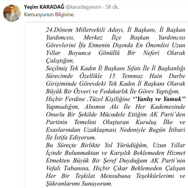 KARADAĞ AK PARTİ'DEN İSTİFA ETTİ
