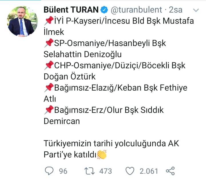 Bülent Turan, AK Parti'ye transfer olan ilk belediye başkanlarının isimlerini açıkladı