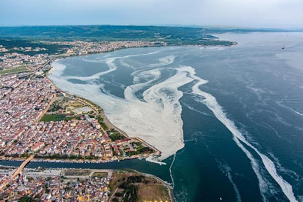 Çanakkale Boğazı'nı kaplayan 'deniz salyası' havadan görüntülendi