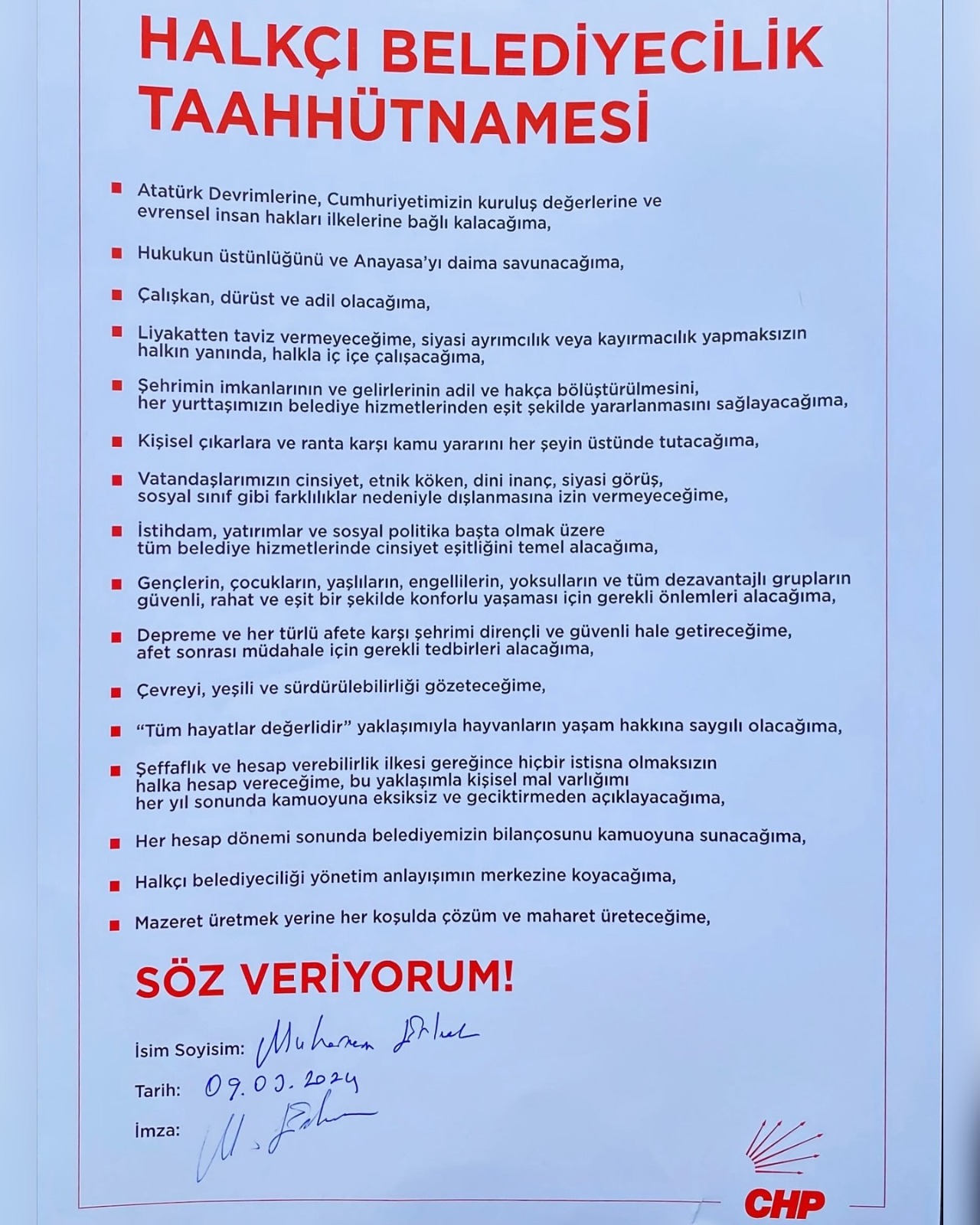CHP'li Erkek, Halkçı Belediyecilik Taahhütnamesini imzaladı