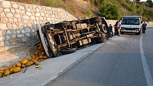 KAVUN YÜKLÜ KAMYON VİRAJI ALAMAYINCA YOLA DEVRİLDİ