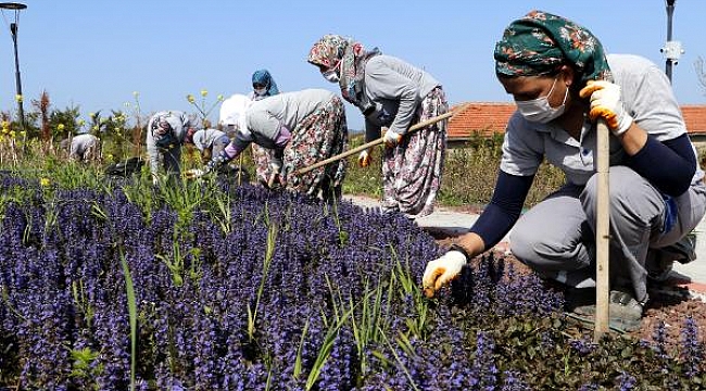 Tam kapanmanın ilk gününde kadın işçiler, çapa yapıp, otları temizledi