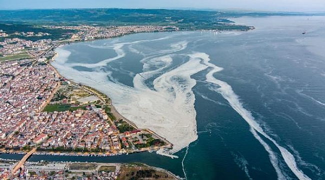Çanakkale Boğazı'nı kaplayan 'deniz salyası' havadan görüntülendi