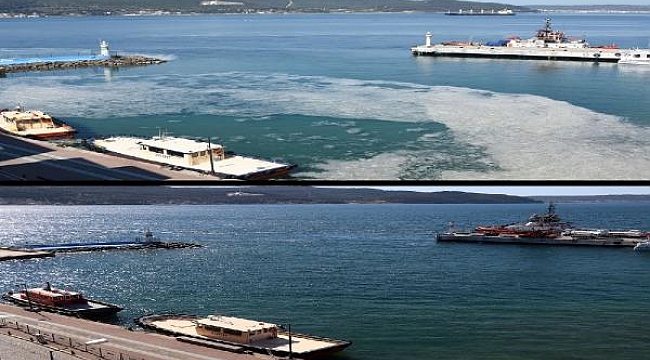 Çanakkale'de kuvvetli rüzgar deniz salyasını dağıttı