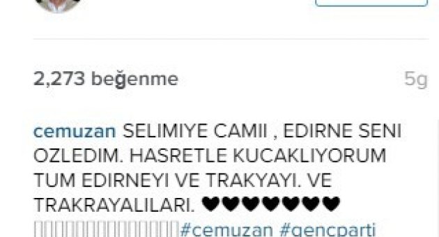 Cem Uzan’dan, Trakya’ya, Sosyal Medya Selamı